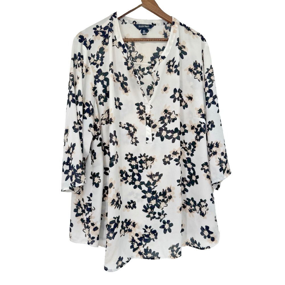 Ellen Tracy Black Pink‎ and Cream Floral Blouse 3x 3/4th Sleeve Sheer Plus